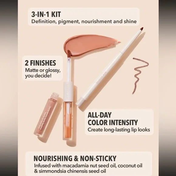 SHEGLAM Soft 90's Glam Lip Liner And Lip Duo Set-Haute Cocoa Lip Set 3-In-1 Lip - Picture 9 of 9